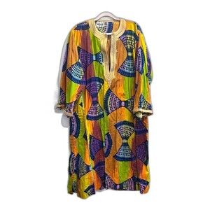 Orange Green Kaftan OS African Pullover Embroidered Kimono Long Sleeve Tribal